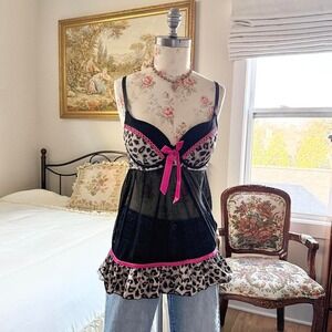 Cheetah babydoll top  Y2K black leopard print going out top Inteco size medium